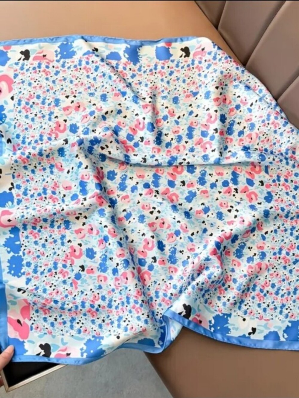 Silk-feel Floral Blue & Pink  Scarf Head & Neck Sscarf